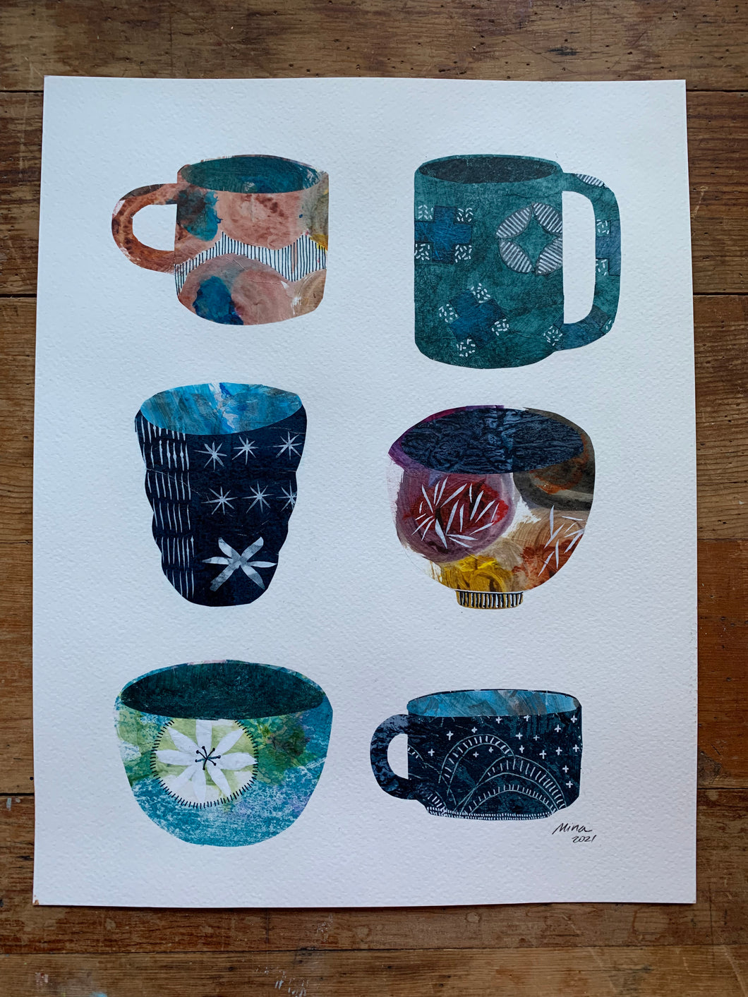Original Collage Cups with Sashiko inspired design